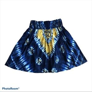 African Skirt Sz 14W Indigo Tie Dyed Cotton Elastic High Gathered Waist Yellow